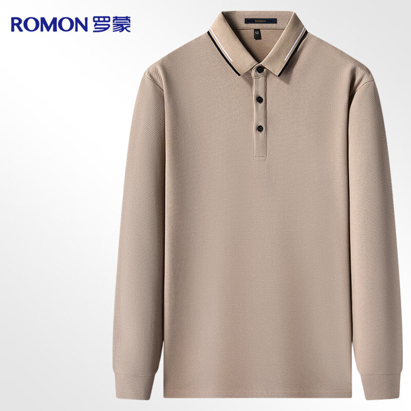 ROMON 100% Cotton Long Sleeve Men's Polo Collar Business Casual Knit Shirt Spring Autumn