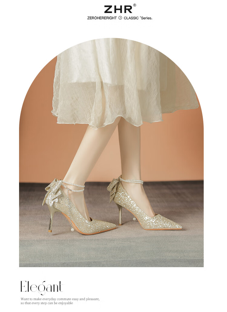 ZHR High Heels for Women, Pointed Toe with Bow, Wedding Shoes for Women, Sequined Elegant Pumps, IE01 Silver, Size 35 4