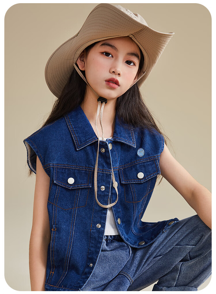 QQ DUCK Children's Denim Vest Girls' Sleeveless Jacket Youth Clothing Classic Vest Navy Blue; 165 13