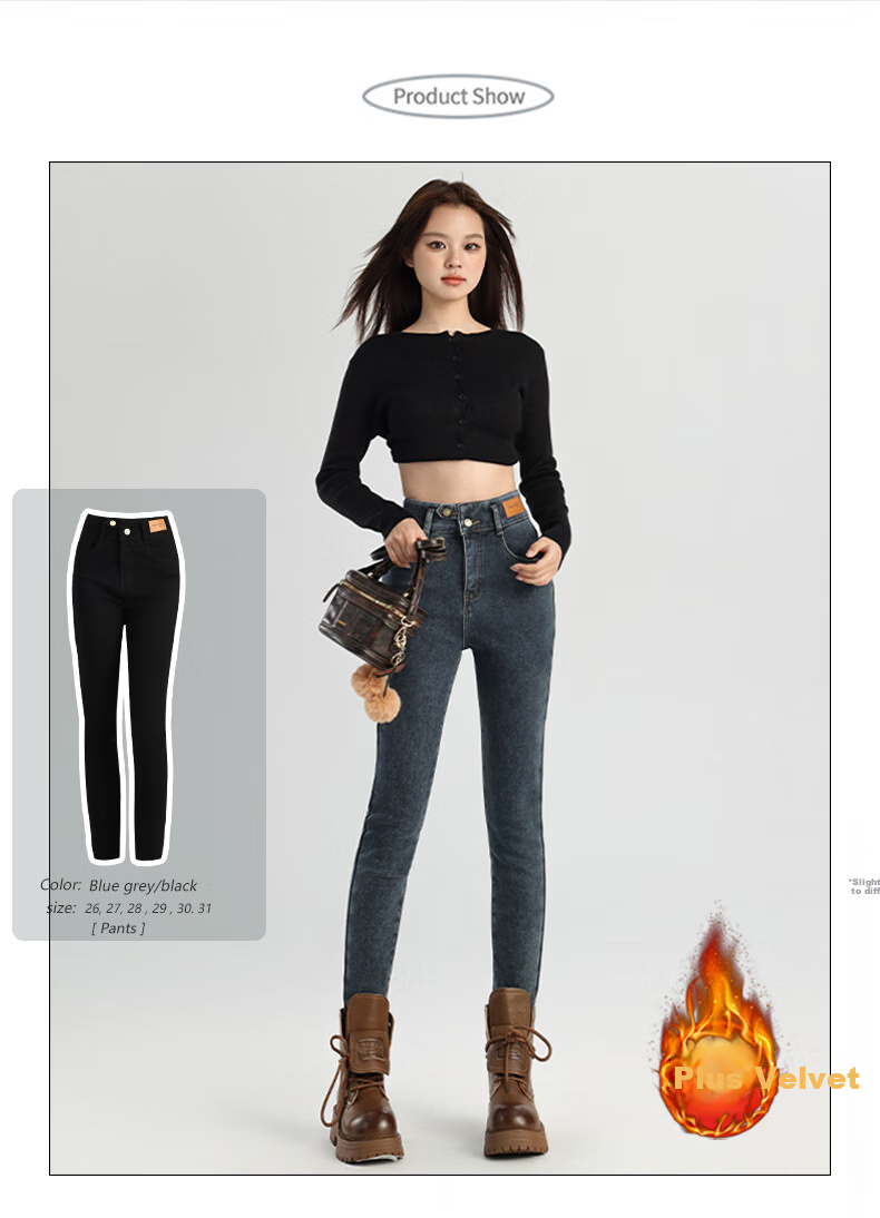 Pierre Cardin Jeans for Women, Autumn Elastic Comfortable High-Waist Fleece-Lined Warm Skinny Pants, Blue-Gray, Size 29 15