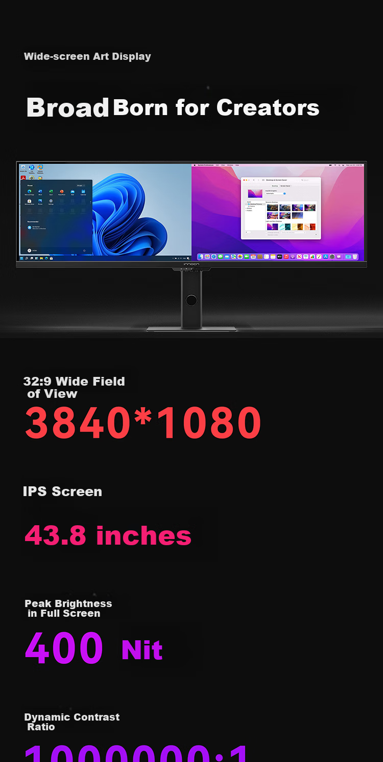 Inno&cn 43.8-Inch 32:9 Ultra-Wide Straight Fish Screen Smart Dual Display Anti-Blue Light Eye Protection Mac Mini Split-Screen Editing Stock Trading Design Office Computer Monitor 44C1G 4