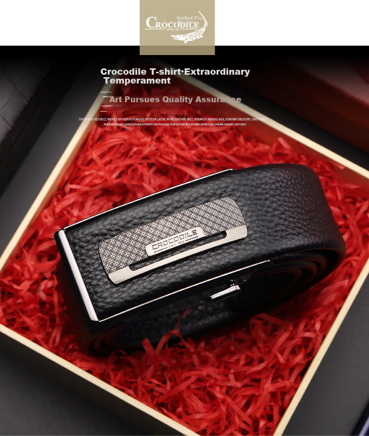 CROCODILE Men's Automatic Buckle Belt, Top-Grain Leather, Casual Youth Belt, Birthday Gift DT2581 for Boyfriend 1