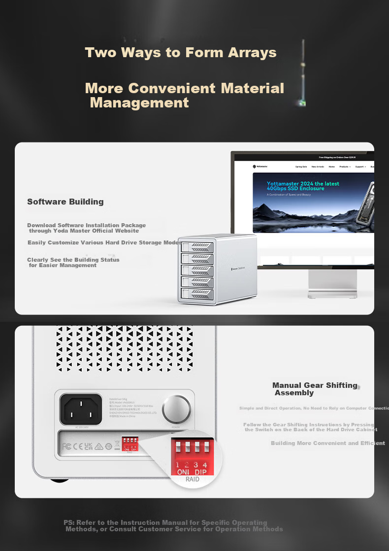 Yottamaster Magnetic Disk Array Hard Drive Enclosure with RAID Storage Temperature Control Fan, 150W Power Supply Universal 2.5/3.5 SATA Serial Mechanical And Solid State Hard Drive Compatible for Desktop Computers 4