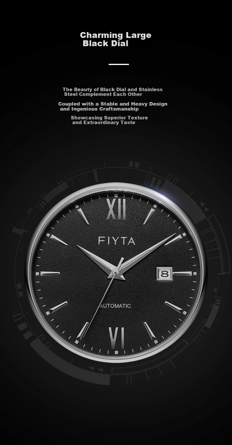 FIYTA Men's Watch, Classic Series Automatic Mechanical with Date Display, Black Dial, Steel Strap, Elegant Business Wristwatch, Holiday Gift 4