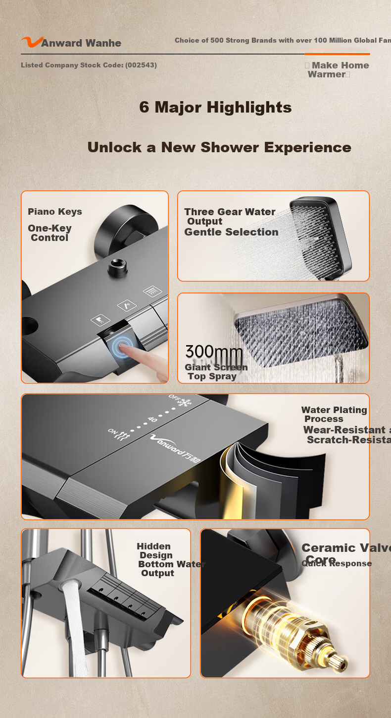 Vanward Shower Set Complete Bathroom Shower Head High Pressure Thickened Main Body Piano Key 52 3