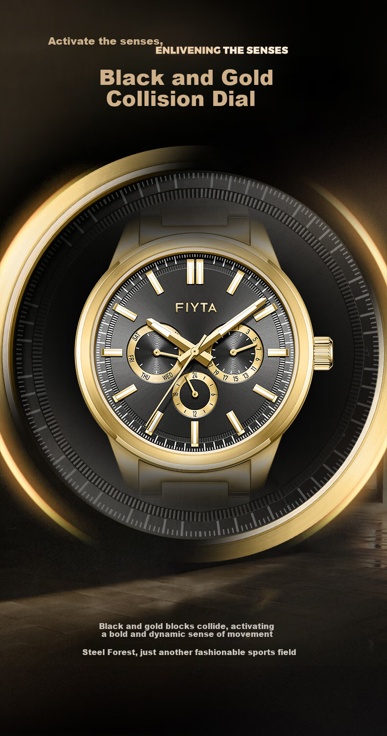 FIYTA Zhuoya Series CITY+ Light Business Multifunctional Men's Watch Black Dial Steel Strap 4