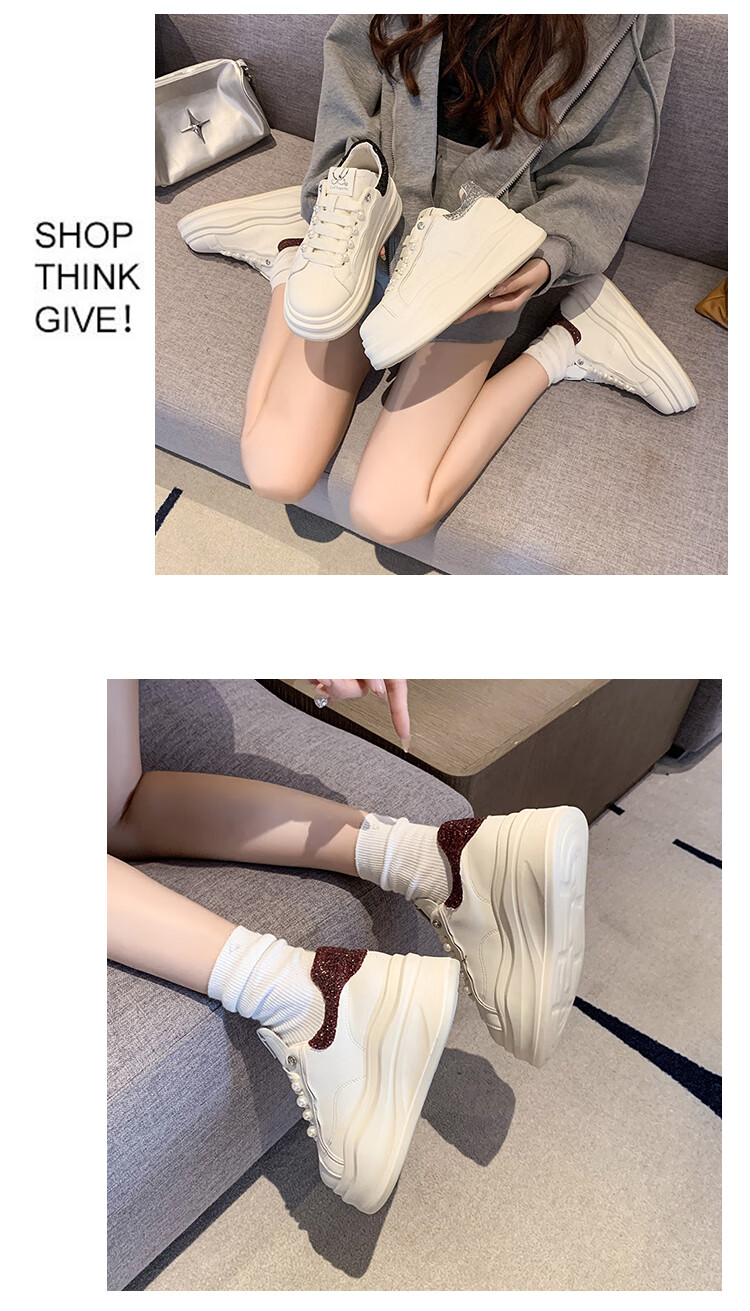 La Chapelle Women's Sneakers, Thick-Soled White Shoes, Versatile Pearl Lace-Up Sports White Shoes-JX005 Silver 39 6