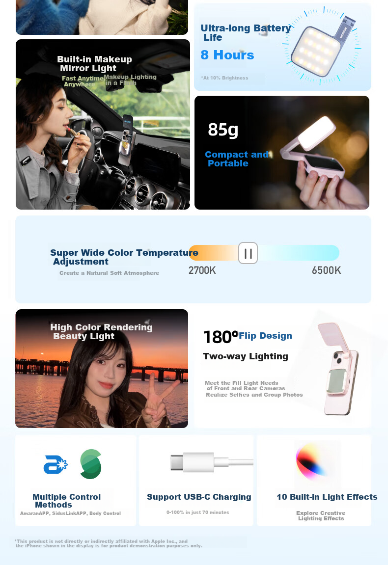 Aputure Amaran Go Magnetic Selfie Light for Smartphones, Portable Handheld Beauty Light, Indoor Live Streaming Video Outdoor Shooting Soft Light, Mini Makeup Mirror Light 2