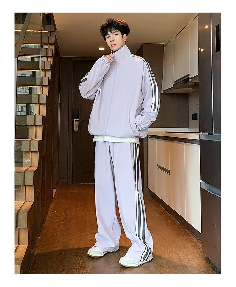 Dingfengbaoluo Men's Autumn Winter Sports Casual Set Trendy Stand Collar Zip-up Jacket Loose Fit Outfit K02 Starry Gray L 4