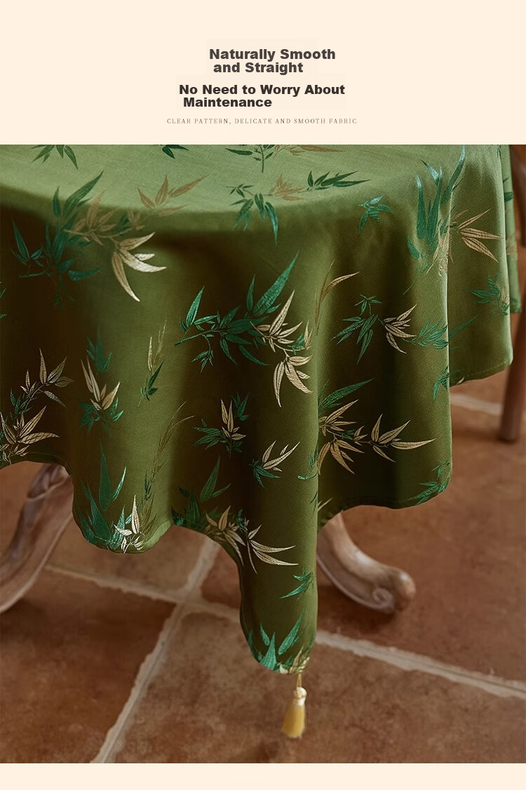 Yinshang New Chinese-Style Lace Tassel Round Tablecloth, Green Bamboo Light Luxury Table Cover, Dining Table Tea Cloth, 140*140cm 6