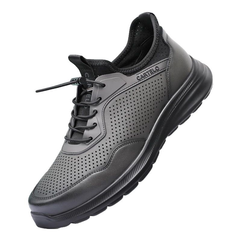 CARTELO Men's Genuine Leather Shoes, Hollow Breathable Summer New Style, Business Casual Sports Outdoor Soft Thick-Soled Versatile Height-Increasing Shoes