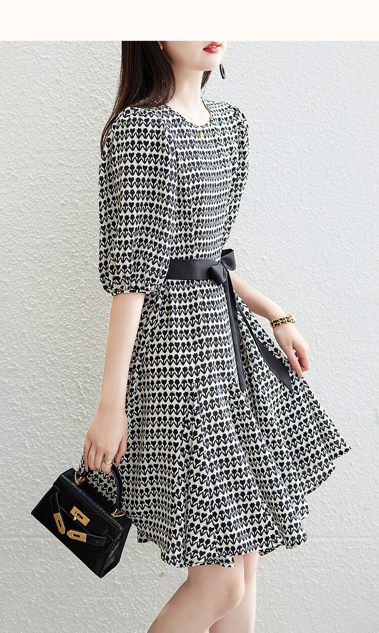 DME Floral Tie-Waist Flared Skirt New Round Neck Waist-Cinching Puff Sleeve Mid-Length Dress for Women Black XL 12