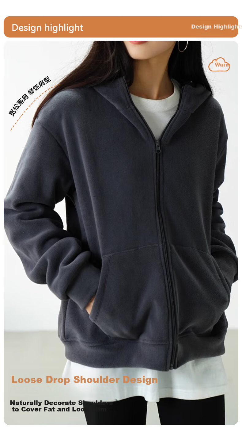FitonTon Women's Hoodie, Winter Double-Sided Brushed Fleece Jacket, Thickened Warm Hooded Top, Loose-Fitting Zip-Up Women's Clothing 6