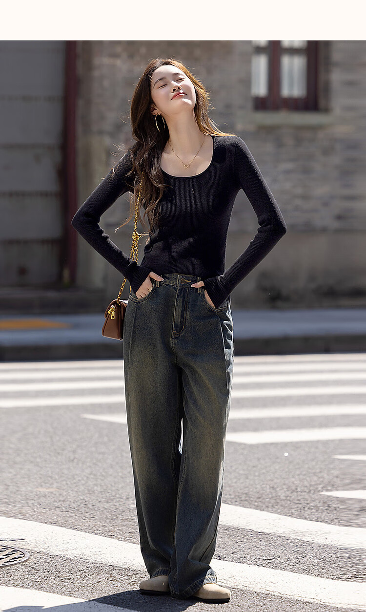 DME Winter Port Style Low Round Neck Slim Fit Concealing Long Sleeve Knit Top for Women Off-White M 20