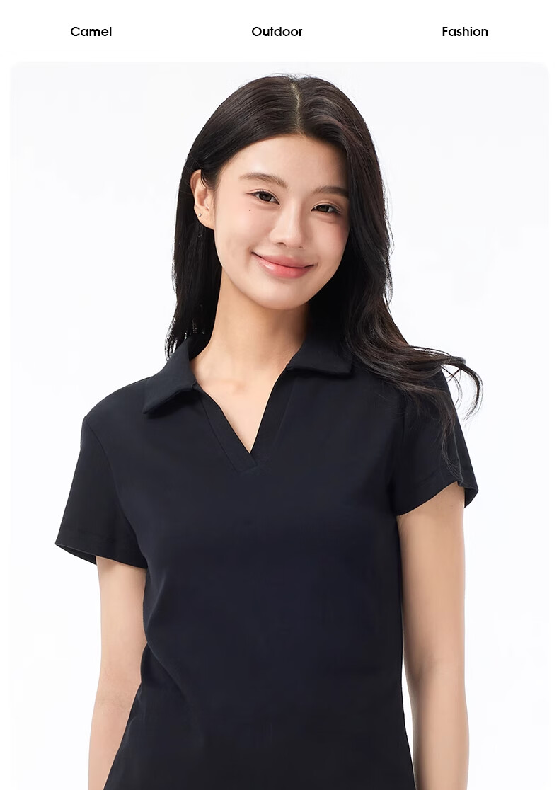 CAMEL Women's Short-Sleeve Polo Shirt, Versatile Slimming Elastic Breathable V-Neck Sports Casual T-Shirt A25BZ01057 M 5