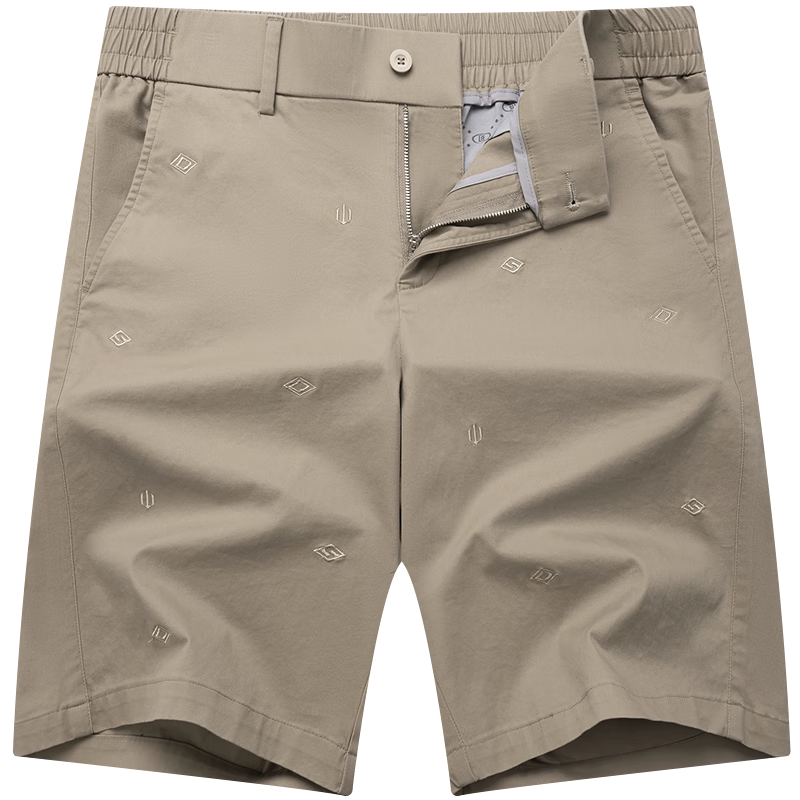 DANCING WOLVES [Dot Embroidery] Summer Versatile Cotton-Spandex All-Over Inner Lining Men's Casual Shorts, 701 Khaki, Size 35
