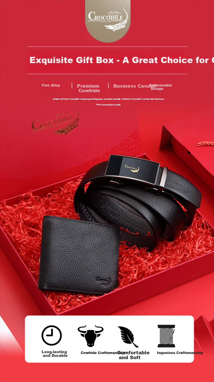 CROCODILE Men's Top-Grain Leather Business Automatic Buckle Belt + Wallet Gift Box, Birthday Gift for Men T1562 1