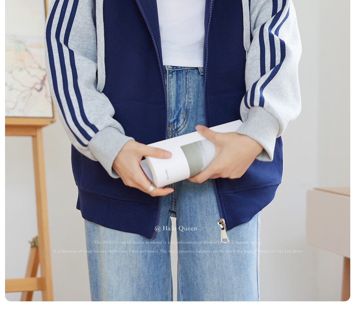 Halo Queen Hoodie Jacket for Women, Color Block Korean Style Casual Coat, Loose Comfortable Cardigan Top, New Product H143W1012 2