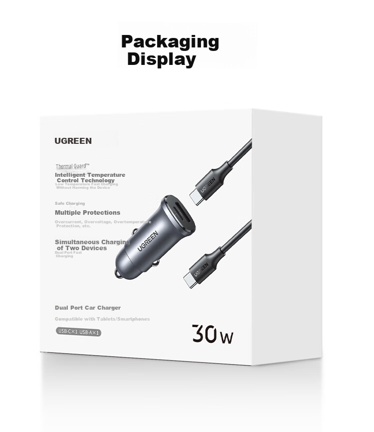 UGREEN Car Charger Set, Super Fast Charging Cigarette Lighter Adapter with Two Ports, Includes PD30W Car Charger + Dual USB Data Cable, Compatible with Apple And Huawei Phones 23