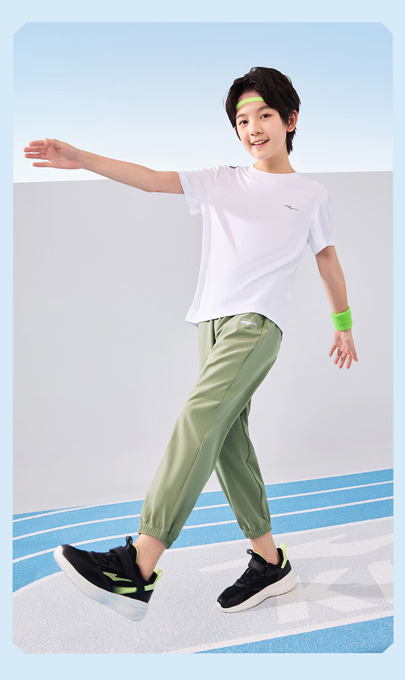 ERKE Children's Clothing, Boys And Girls, Big And Small Kids, Woven Four-Way Stretch, Summer Lightweight Breathable Sports Capri Pants, Capsule Green, Size 120 14