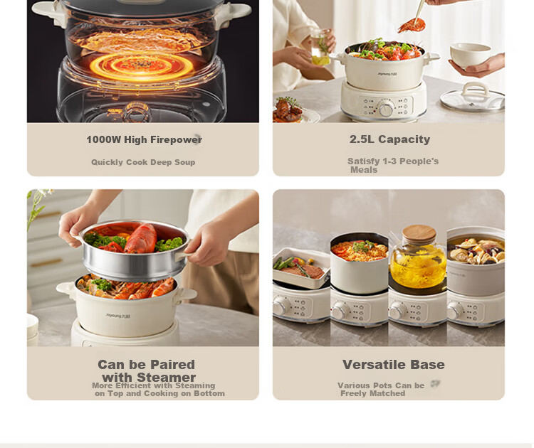 Joyoung Multifunctional Small Cooking Pot, 2.5L Detachable Electric Hot Pot, Non-Stick Coating, Student Dormitory Electric Hot Pot HG25-G211S with Steamer 8