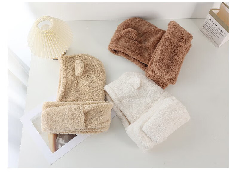 Adandyish Warm All-In Four-Piece Set with Neck Warmer, Ear Protectors, Hooded Scarf And Gloves, Plush Bear Electric Scooter Accessories, Off-White 8