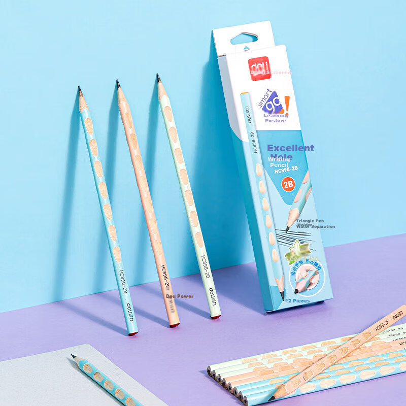 Deli 2B Premium Colored Perforated Pencil, 2B (12 Pieces/box), for Writing, Drawing, Doodling, Children's Posture Correction, HC898-2B, Student Back-To Stationery