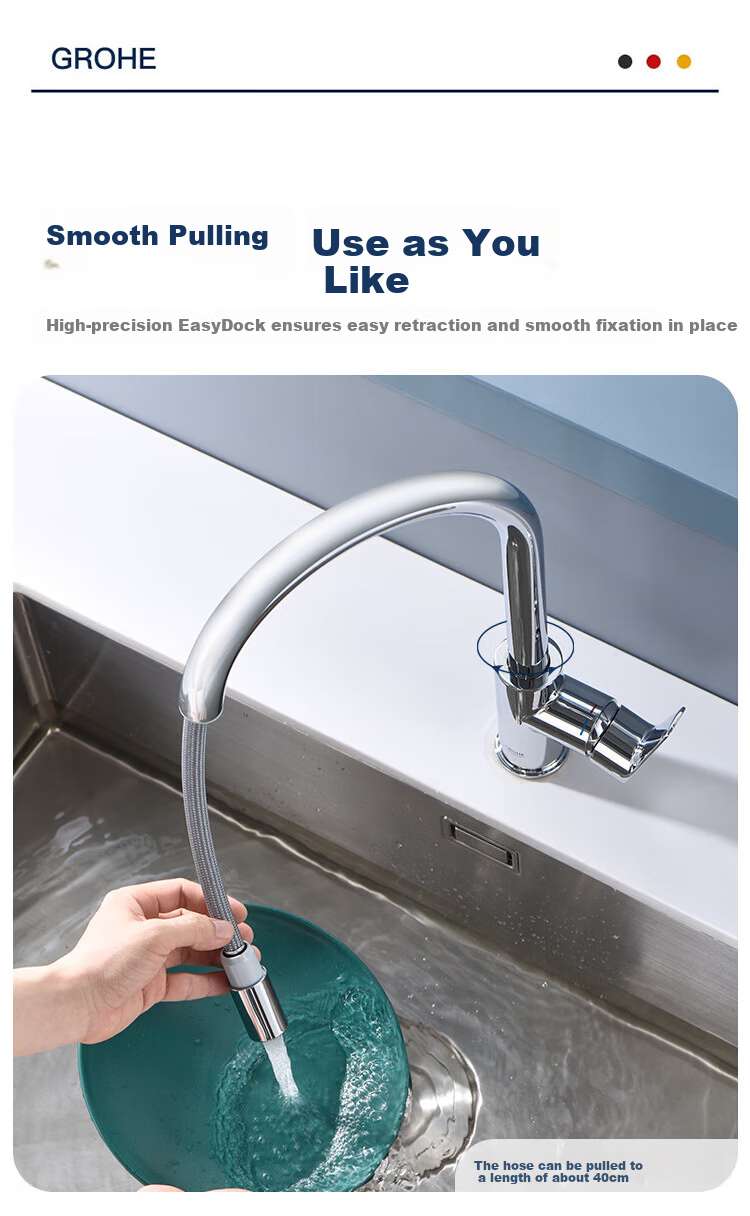 GROHE Kitchen Faucet, Rotating Pull-Out Hot And Cold Water, C-Type Pull-Out Faucet, Household Sink Vegetable Washing Faucet 2