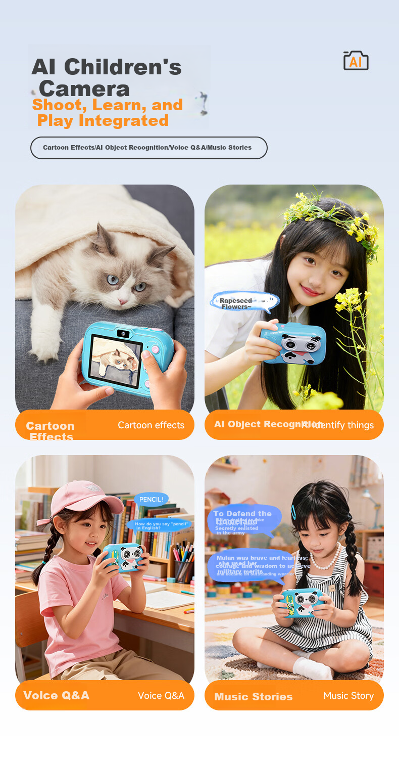 CAIZU 61 Children's Day Gift - A1 Kids Camera with Dual Front and Rear Lenses, Student Photo Recognition Early Education Learning Machine, AI Educational Dialogue Storytelling Camera 3