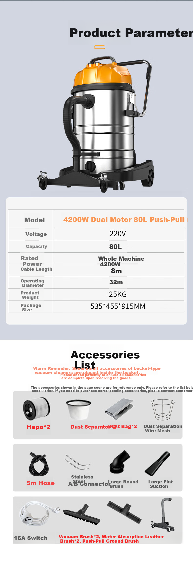 Royalstar Dual-Motor 4200W High-Power Powerful Suction Commercial Industrial 80L Large Barrel Vacuum Cleaner for Hotels, Cleaning Staff And Factories RS-XT420A 13