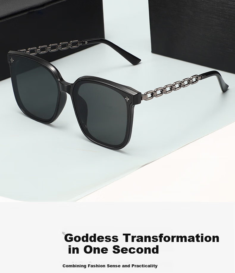 Boshide Sunglasses, Black Square Frame with Chain, Korean Style High-End Sun Protection, Black Gold Frame with Dark Gray Lenses 6