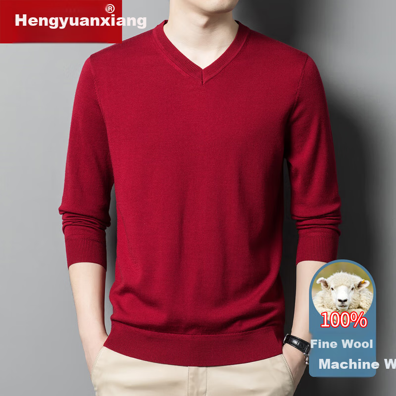 Hengyuanxiang 100% Fine-Spun Wool Sweater for Men, Machine Washable, Autumn And Winter Pullover Thin Sweater, Men's V-Neck Knit Sweater, Business Casual Solid Color Pure Wool Clothing, 20007003, Bright Red, Size 165