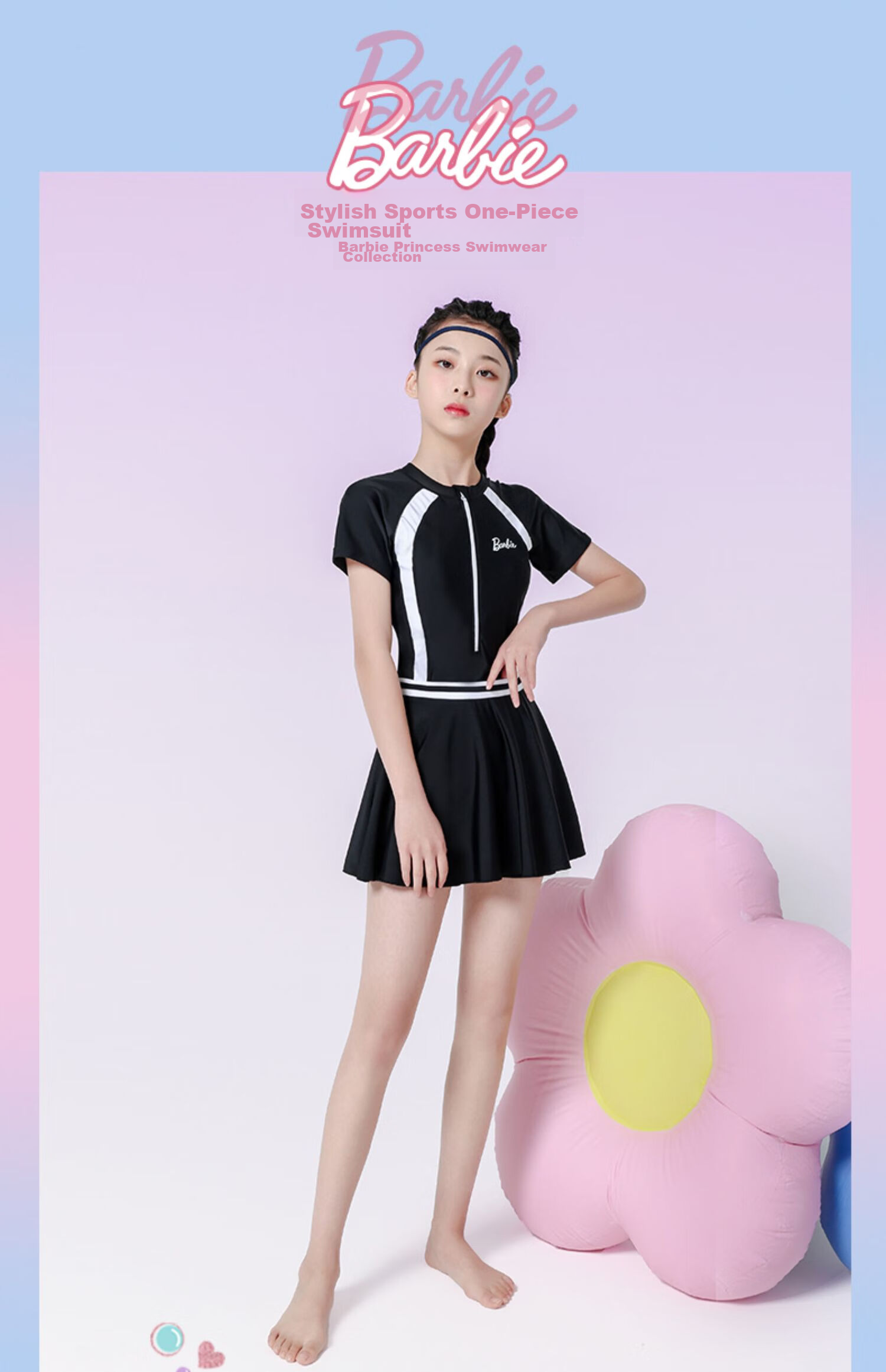 Barbie Children's Sun Protection Swimsuit One-Piece Dress for Older Girls, Conservative Swimwear for Elementary, Middle And High School Training for Young Wome 15