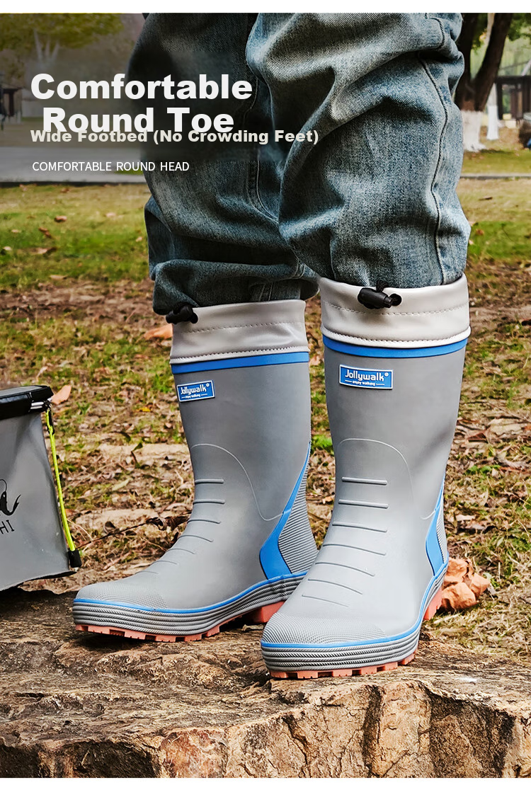 Jolly Walk New Rubber Rain Boots, Outdoor Fishing Waterproof Boots with Protective Cuffs, Black And Orange (New Cowhide Sole), Size 42 2