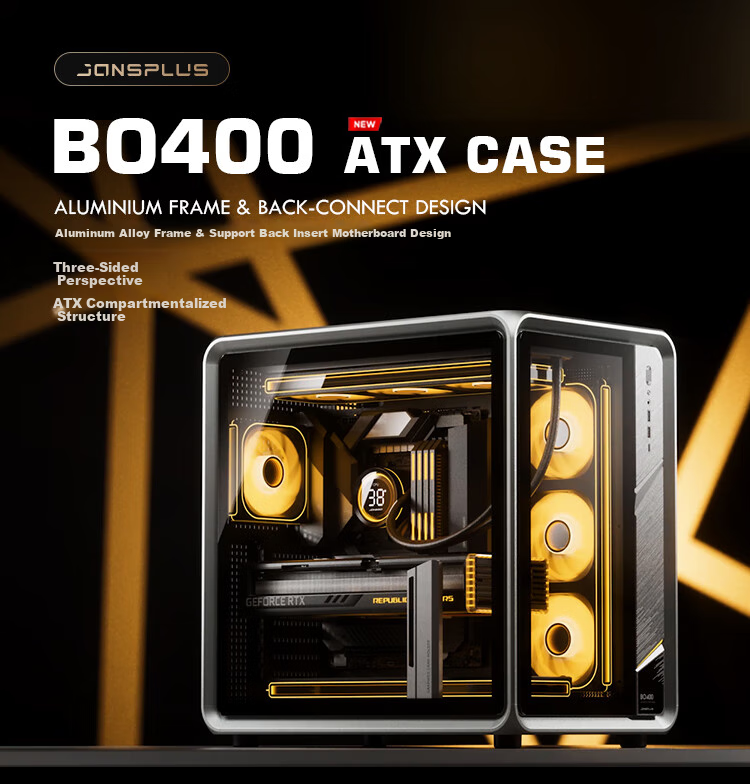 JONSBO BO400 ATX Aluminum Seaside Case (E-Sports Gaming, 360mm Water Cooling, 5V ARGB Lighting Effects, 10 Fan Positions, Aluminum Alloy GPU Bracket, ATX Power Supply Position) 1