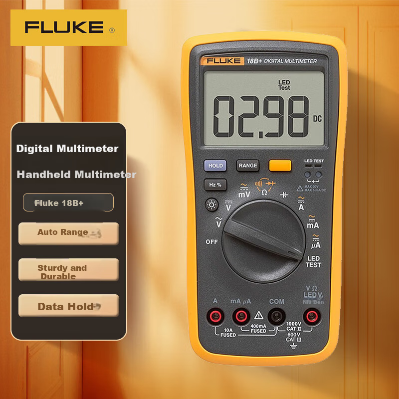 FLUKE 18B+ Digital Multimeter, Handheld Multimeter with Auto-Ranging, Backlit LED Display, Testing Instrument And Meter