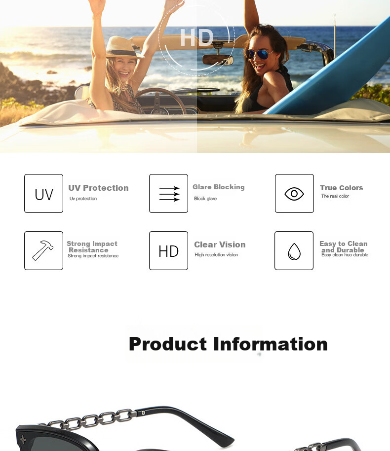 Boshide Sunglasses, Black Square Frame with Chain, Korean Style High-End Sun Protection, Black Gold Frame with Dark Gray Lenses 7