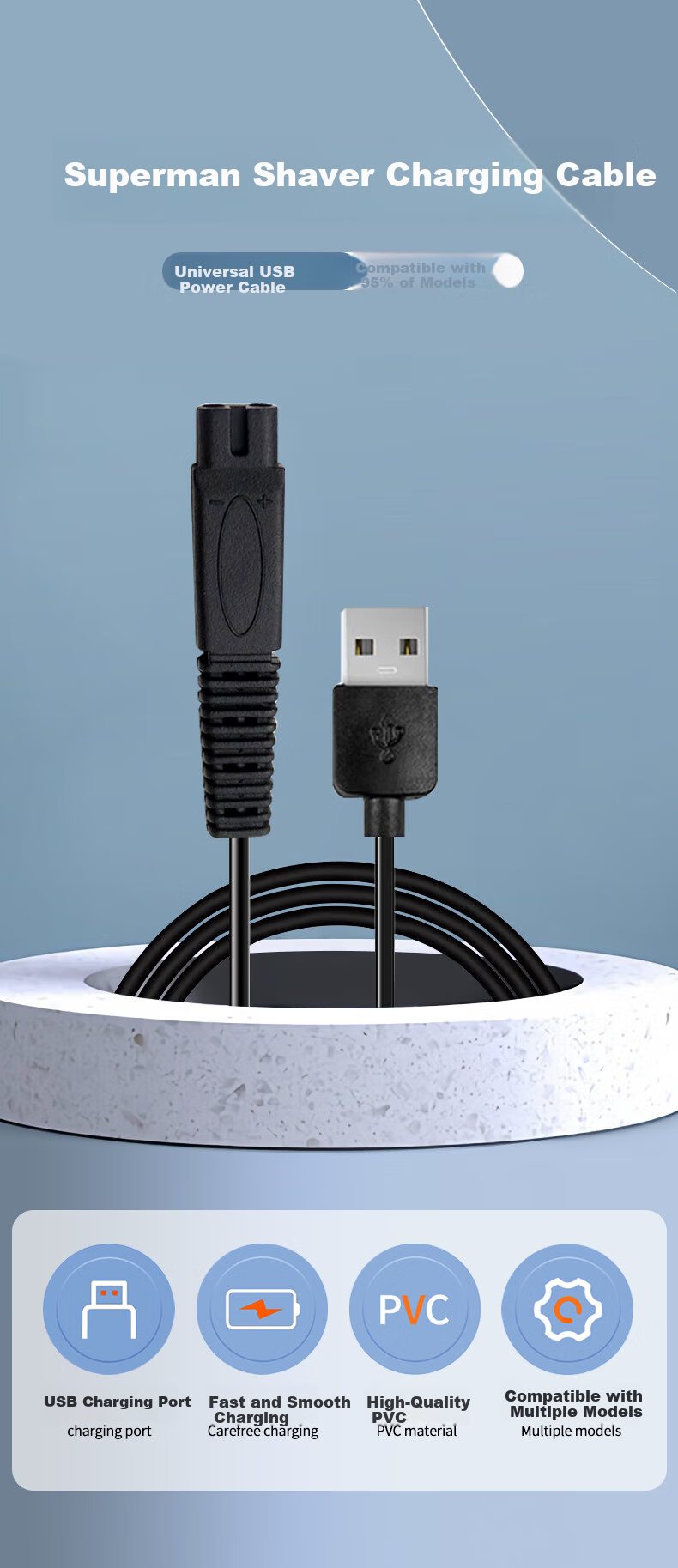 Masentek Compatible Charging Cable for SID Super Shaver, Suitable for RS7350/335/337/338/339/385/SA647/972 Razor Models, Two-Prong USB Universal Power Cord 1