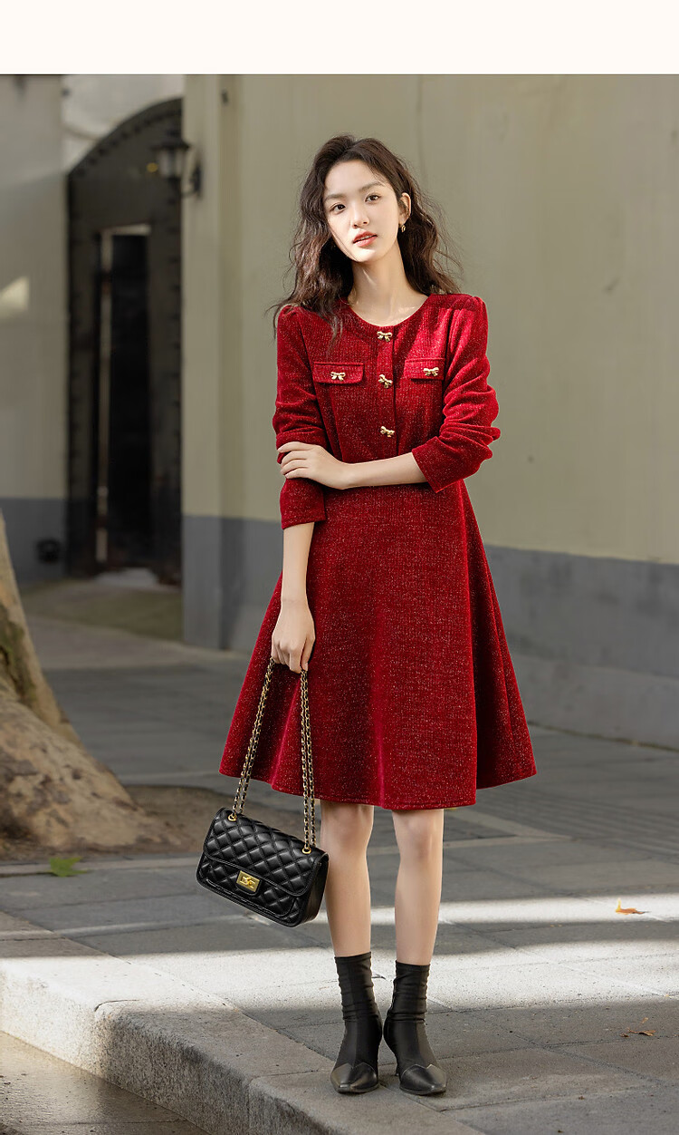 DME "New Year and Roses" Autumn/Winter Velvet Touch Shiny Silk Butterfly Bow Decorated Bubble Sleeve Waist-Enhancing Elegant Women's Dress 9