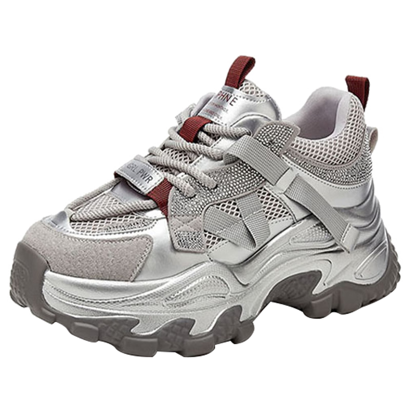 DAPHNE Chunky Sneakers for Women, Thick-Soled Trendy Versatile Casual Shoes, Height-Increasing Comfortable Sports Shoes, Travel Shoes for Women, Silver Red Color, Size 40