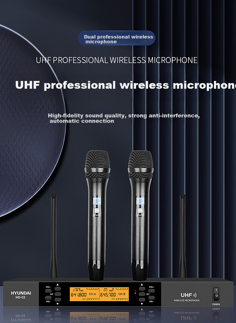 HYUNDAI HD01 Wireless Microphone, U-Band Wireless Handheld Two-Channel, Specially Designed for KTV, Wedding, And Stage Performances 2