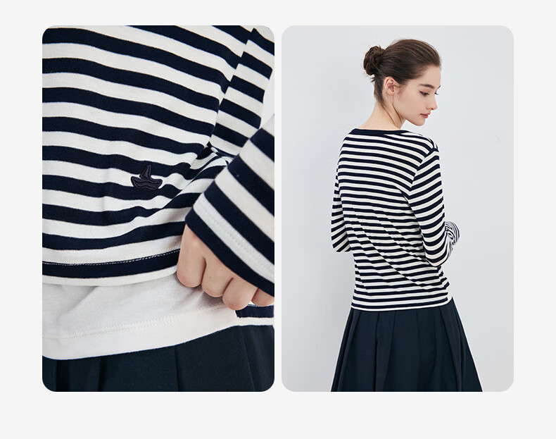Navigare Women's Fashion Slim-Fit Striped Comfortable Faux Two-Piece Long-Sleeve T-Shirt 2315005502 6