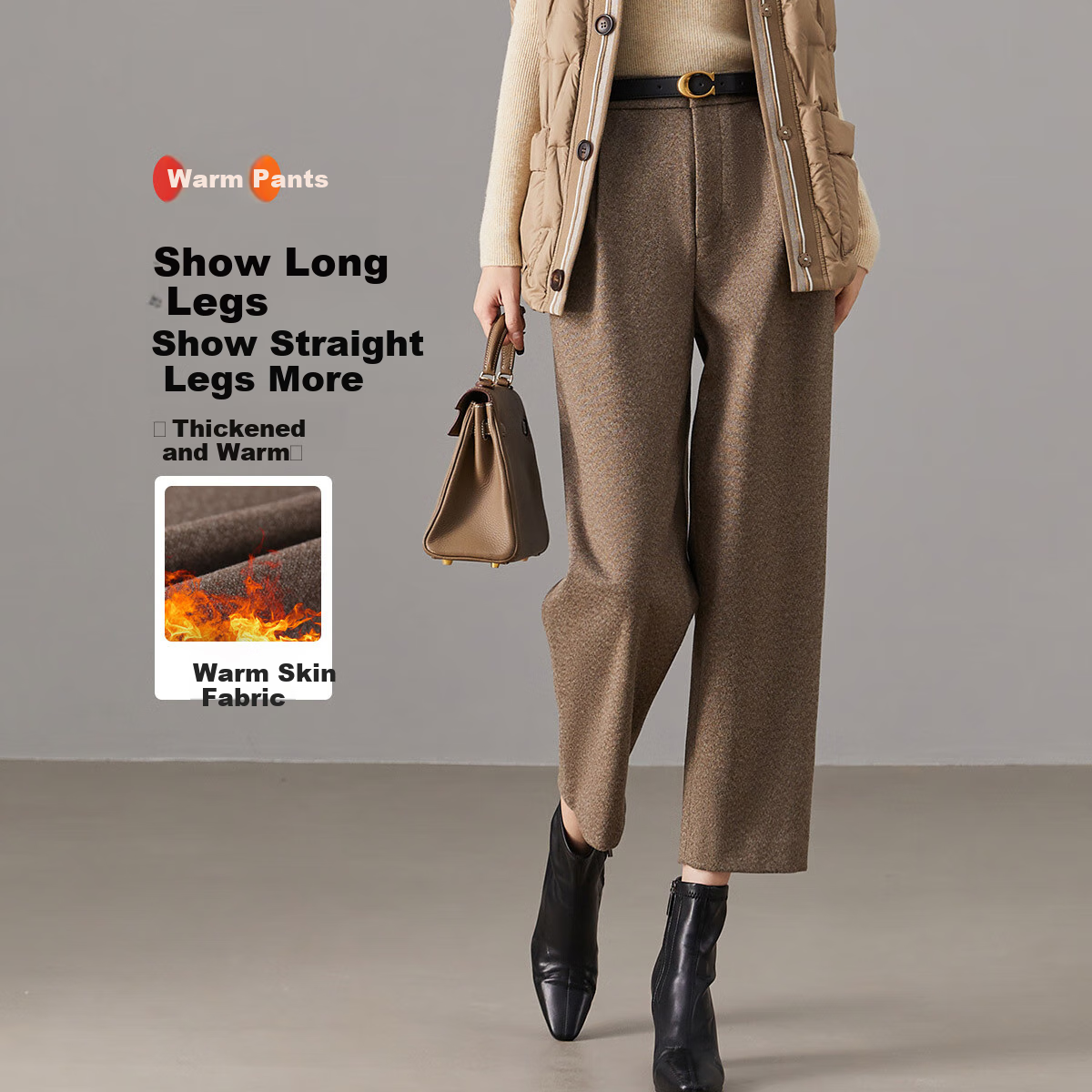 Dme Warm Brushed Harem Pants, Winter Mid-Rise Loose Trousers, Women's Plaid Casual Pants, Coffee Color XL