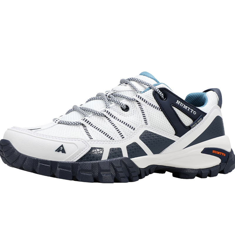 HUMTTO Mesh Hiking Shoes, All-Season Comfortable Breathable Trekking Shoes, Urban Outdoor Casual Men's Shoes, White Deep Blue, Size 44