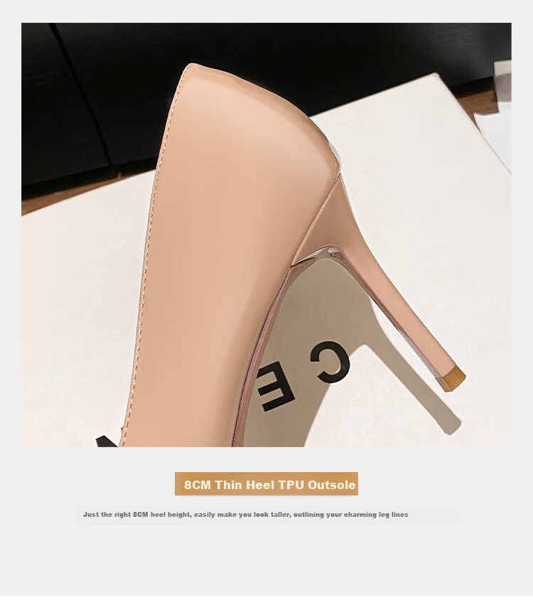 ZHR Valentine's Day Women's Nude Low-Cut Heels, Fashionable Stilettos, Elegant Slimming Patent Leather Versatile Professional Women's Shoes 8