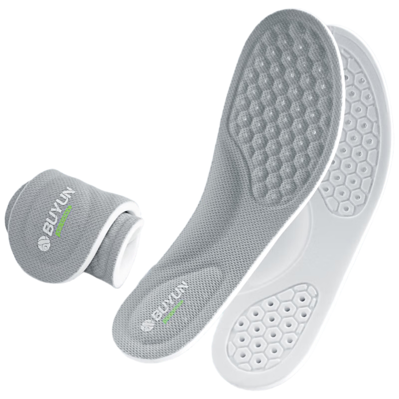 Buyun Odor-Resistant Insoles for Men and Women, Sports Shock Absorption, Deodorizing, Sweat-Absorbing, Breathable, Non-Slip, Massage Leather Shoe Insoles, 3 Pairs Gray