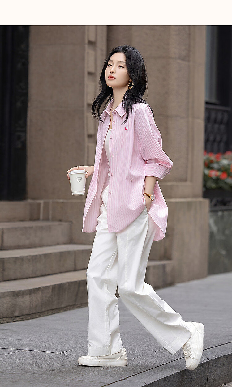 Dme [Design Sensation Two-Way Wear] Spring Minimalist Letter Embroidery Shirt, Striped Comfortable Slimming Blouse, Women's Top 15
