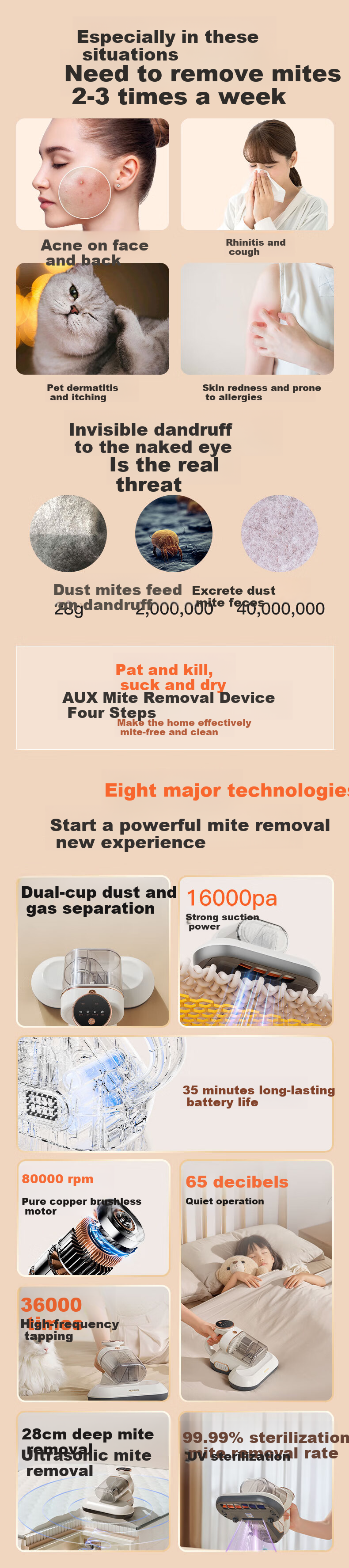 AUX Wireless Mite Remover, Dual Dust Cup Mite Removal Device, Bed And Home UV Sterilizer, Vacuum Cleaner, Multi-Purpose Pet Cat Dog Hair Cleaning Machine AXC-11DC78B 2