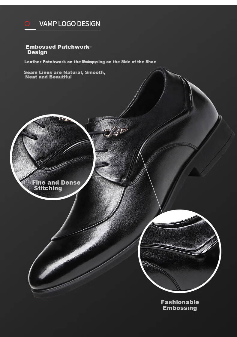 LAORENTOU Men's Leather Shoes, Business Formal Shoes, Invisible Height-Increasing, Small Size, Embossed Men's Leather Shoes, 521306619, Black, Size 36 6
