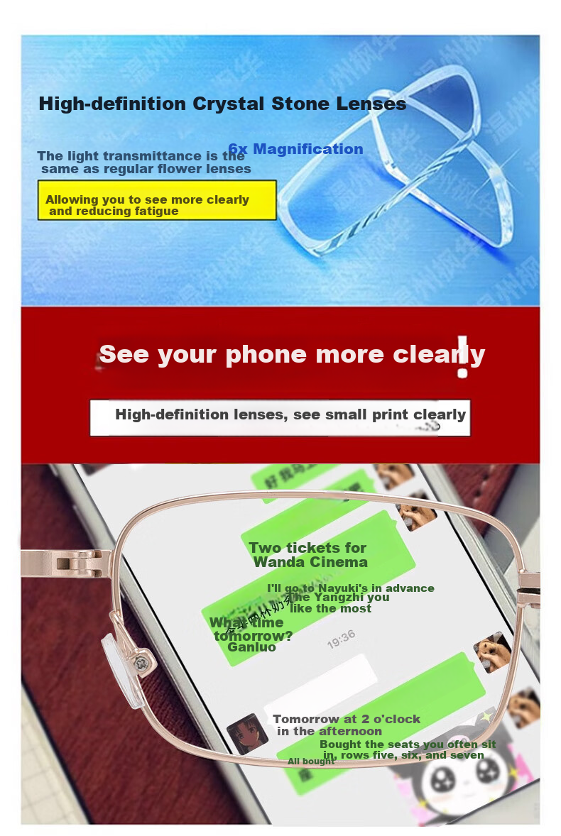 GOGOSOON Smart Zoom Foldable Portable Natural Crystal Reading Glasses for Men And Women, Middle-Aged And Elderly High-Definition Crystal Stone Glasses for Back to School 6